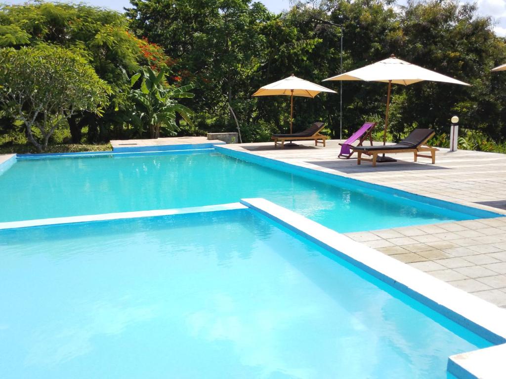 a large blue swimming pool with two chairs and umbrellas at Green Garden Lodge in Nosy Be