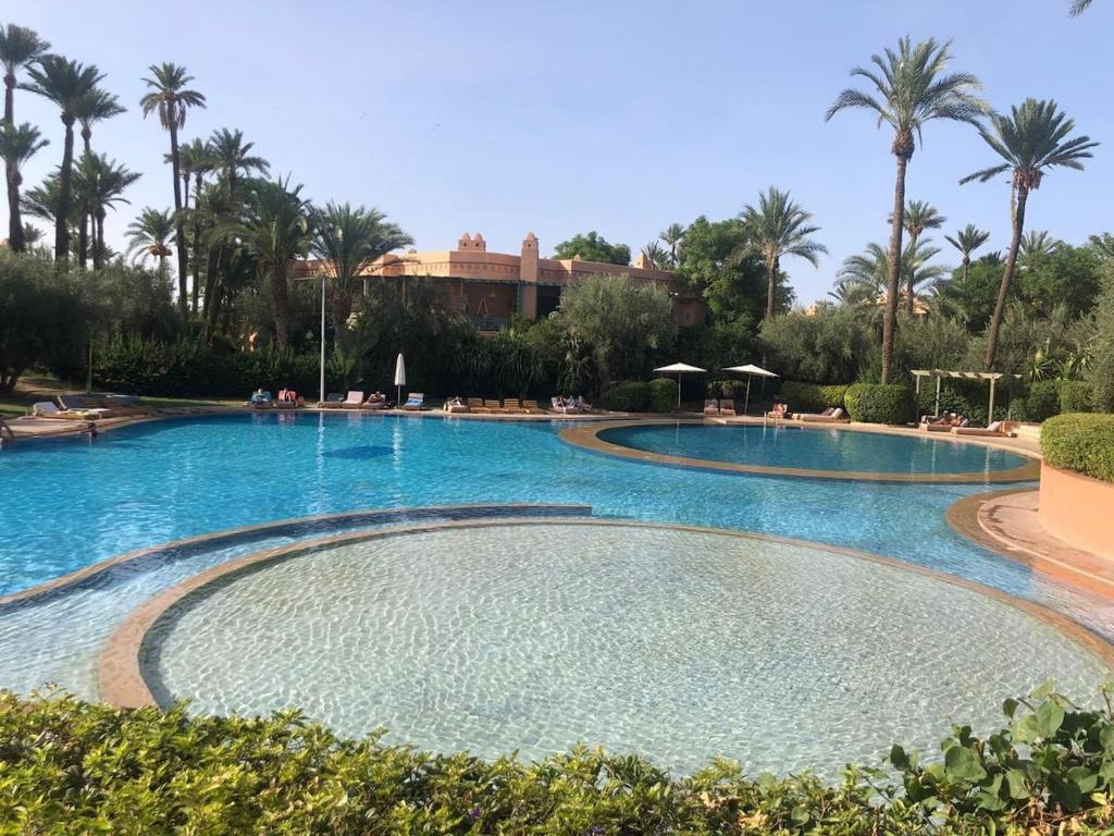 a large swimming pool in a resort with palm trees at Chic Palm Grove Apartment Pool View in Marrakesh