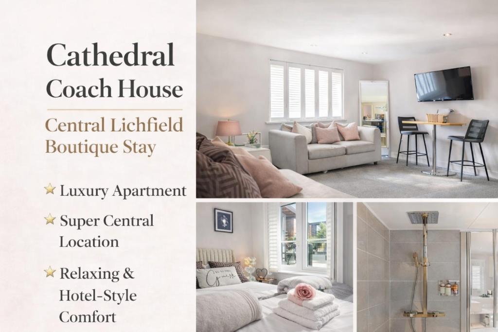 a collage of three pictures of a living room at Cathedral Coach House - Lichfield in Lichfield