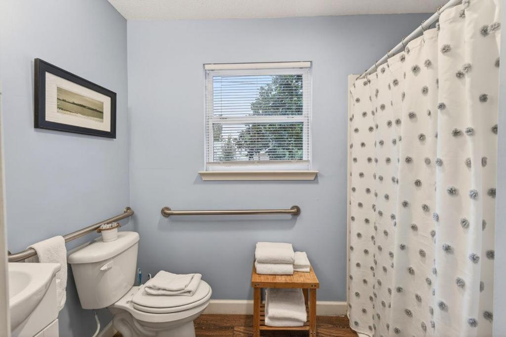 a bathroom with a toilet and a shower curtain at Gil's Bayou Cabins in Ocean Springs