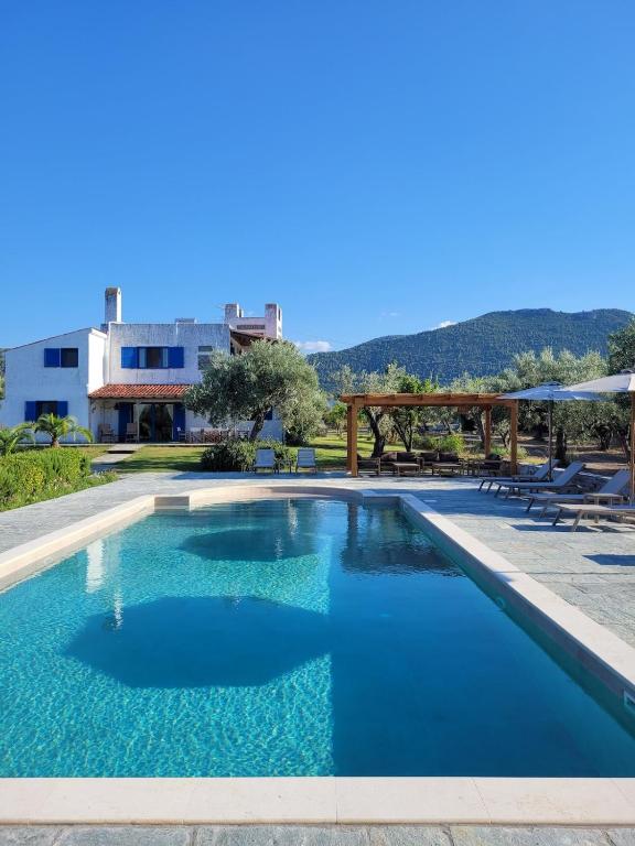 a swimming pool in a villa with blue water at Beachfront cottage house in olive grove in Arkitsa