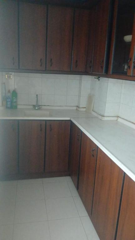an empty kitchen with wooden cabinets and a sink at Huzur10 in Edirne