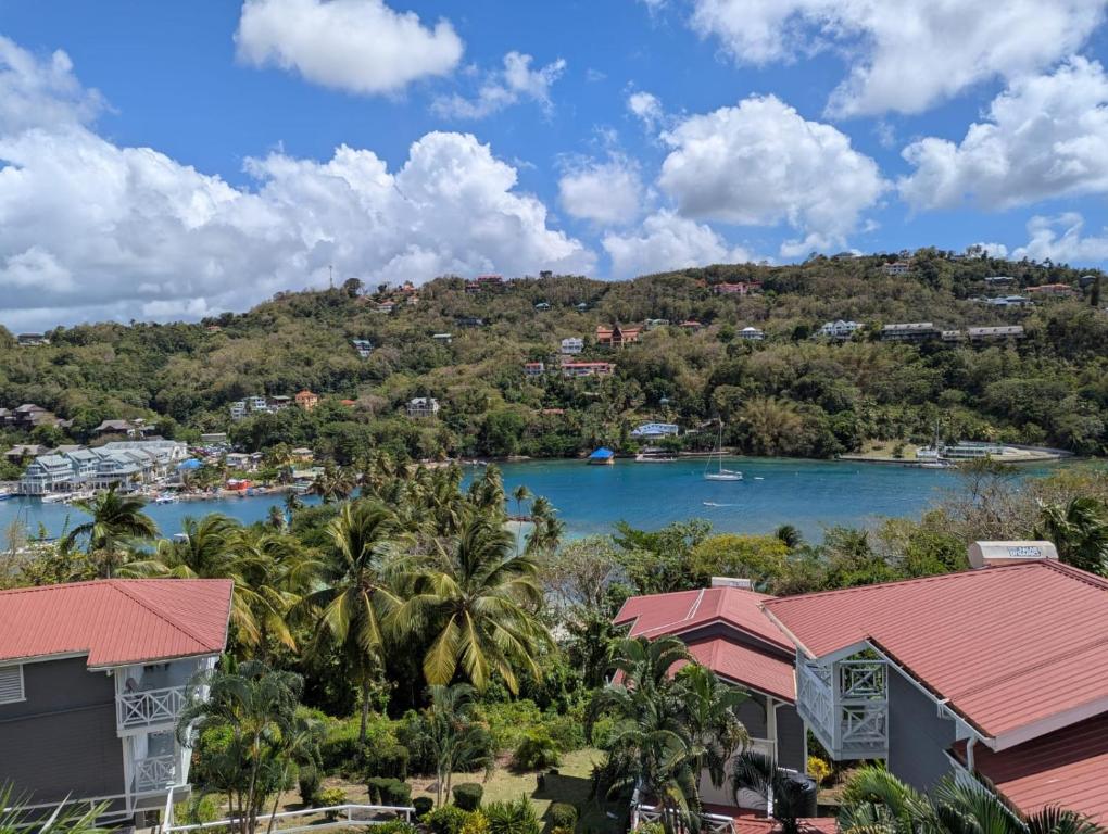a view of a bay with houses and trees at Oasis Marigot Bay in Marigot