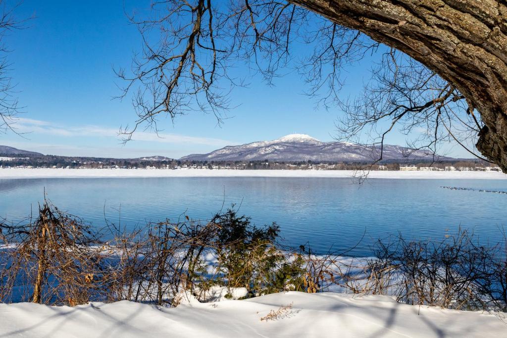 a view of a snowy lake with mountains in the background at Au p'tit cocon sur le lac in Magog-Orford