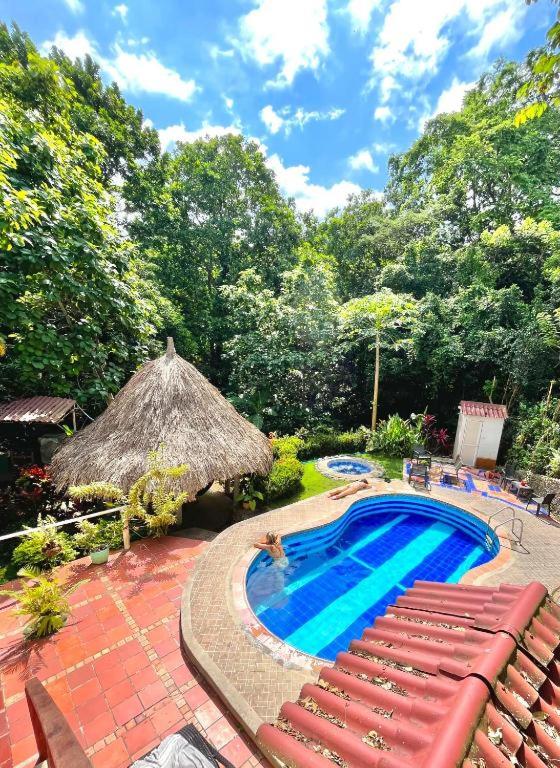 a swimming pool with a straw umbrella and chairs next to at Manigua Tayrona Hostel in Santa Marta