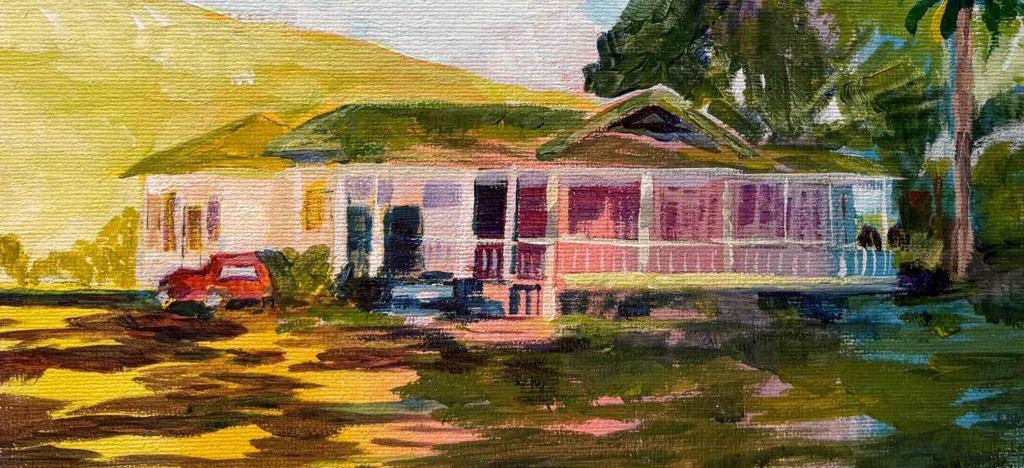 a painting of a house in a painting at Hale Naalehu LLC Bed and Breakfast in Naalehu