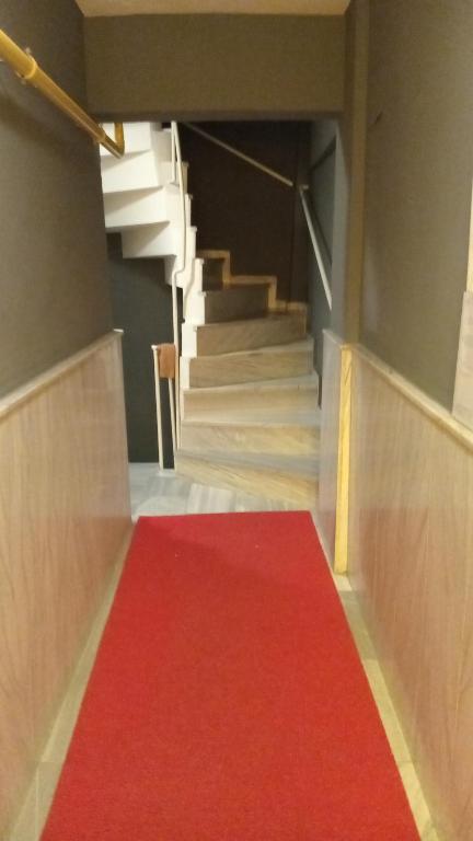 a red carpet in a hallway with stairs at Huzur 20 in Edirne