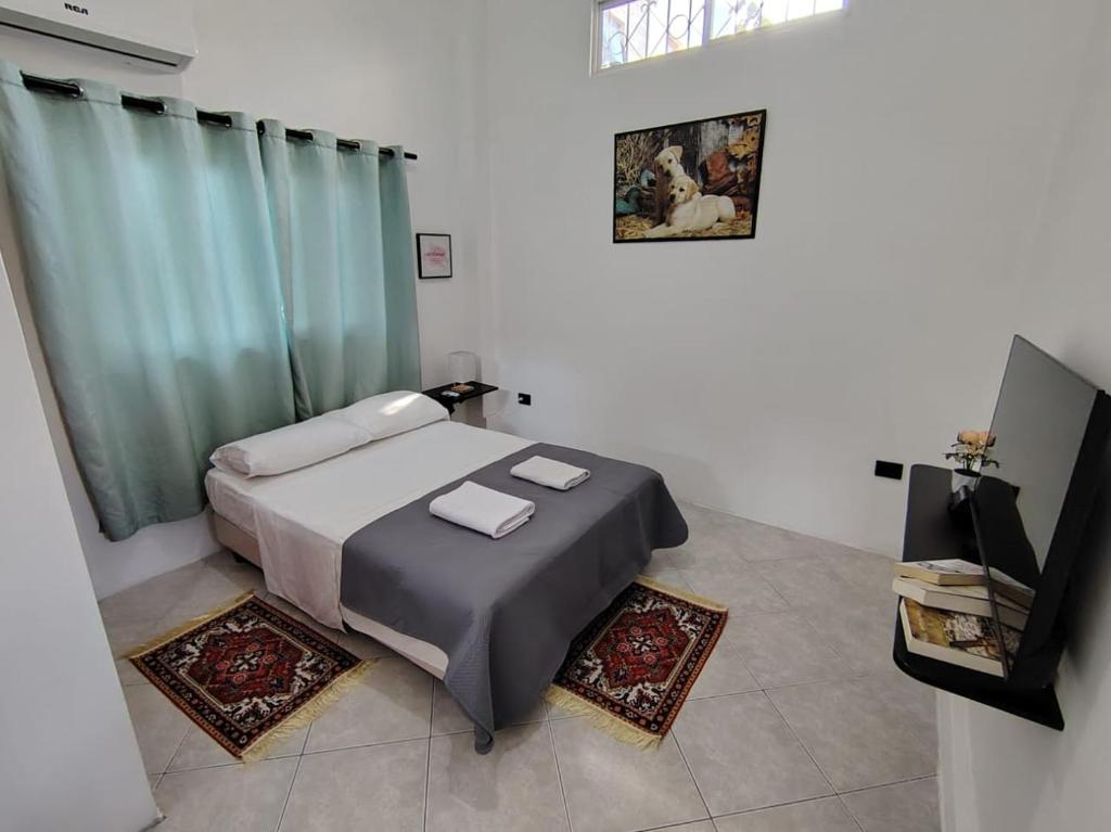 a bedroom with a large bed with green curtains at Galápagos Islands-Apartment in Santa Cruz in Puerto Ayora