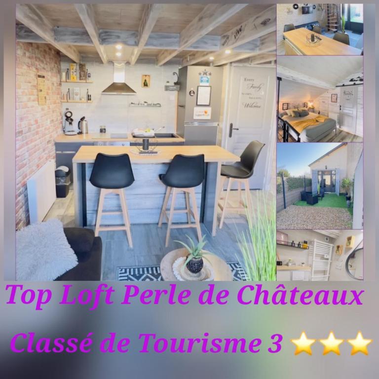 a collage of photos of a kitchen with a table and chairs at Top Loft Perles 4 des Châteaux in Mer