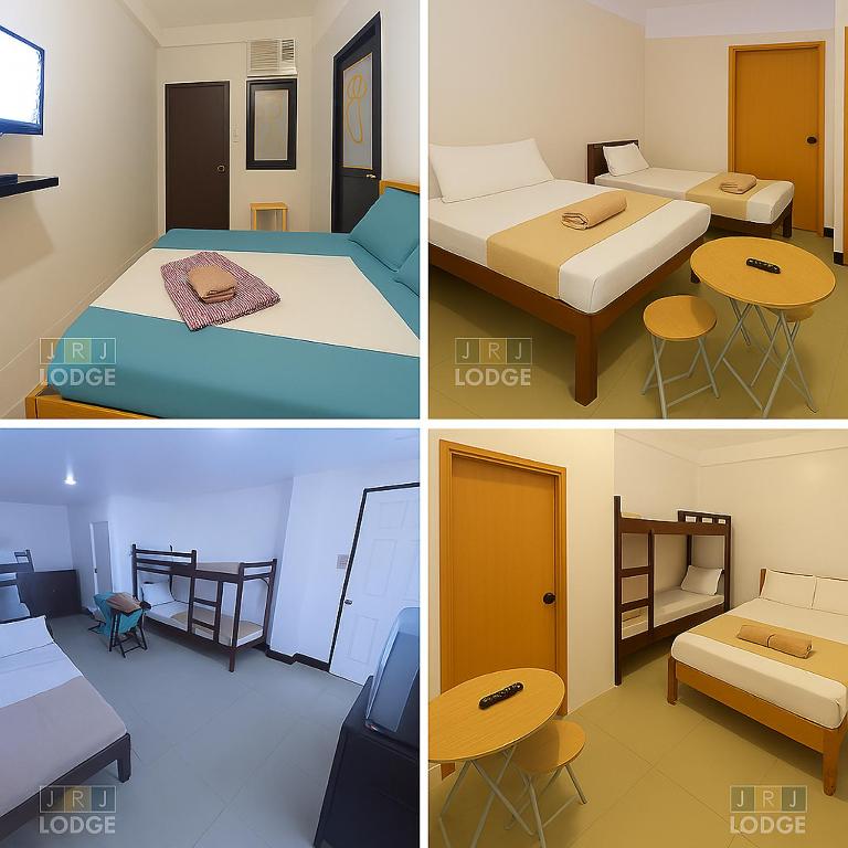 three pictures of a room with two beds and a room with a table at JRJ Lodge in San Carlos