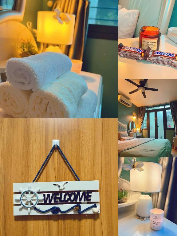 a collage of pictures with towels and a welcome sign at Êm Tiny in Hai Phong