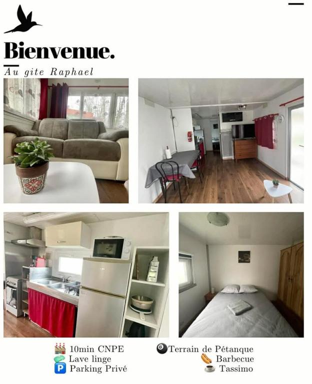 a collage of photos of a living room and a bedroom at Gite Raphael in Bourbourg