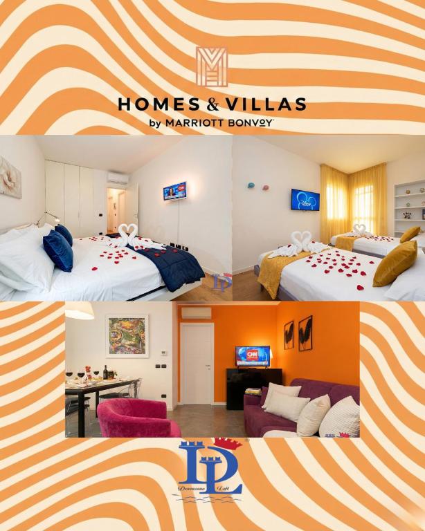 a collage of pictures of a hotel room with two beds at The Wind Rose renovation 2025 DesenzanoLoft Official Partner Homes & Villas by Marriott Bonvoy in Desenzano del Garda