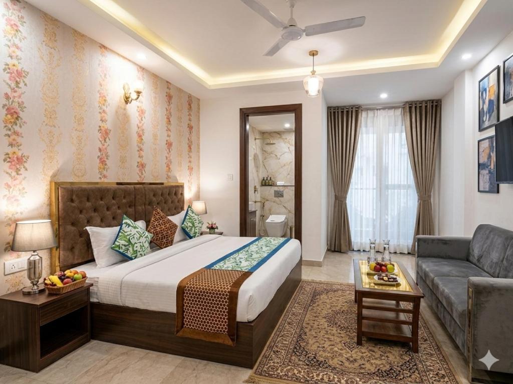 a hotel room with a bed and a couch at Hotel Krone Plaza Near IGI Airport Delhi in Champawat