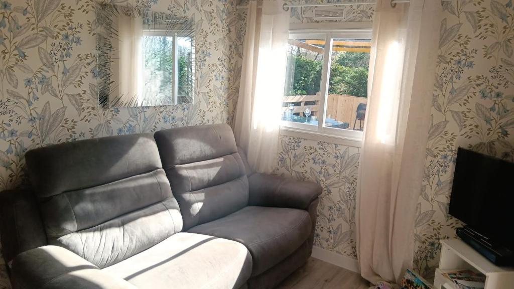 a living room with a leather couch and a window at mobil-home in Souméras