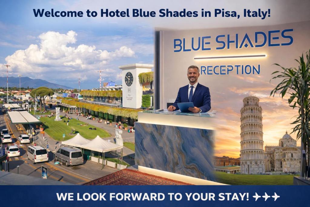 a man standing at a podium in front of a city at Blue Shades Hotel in Pisa