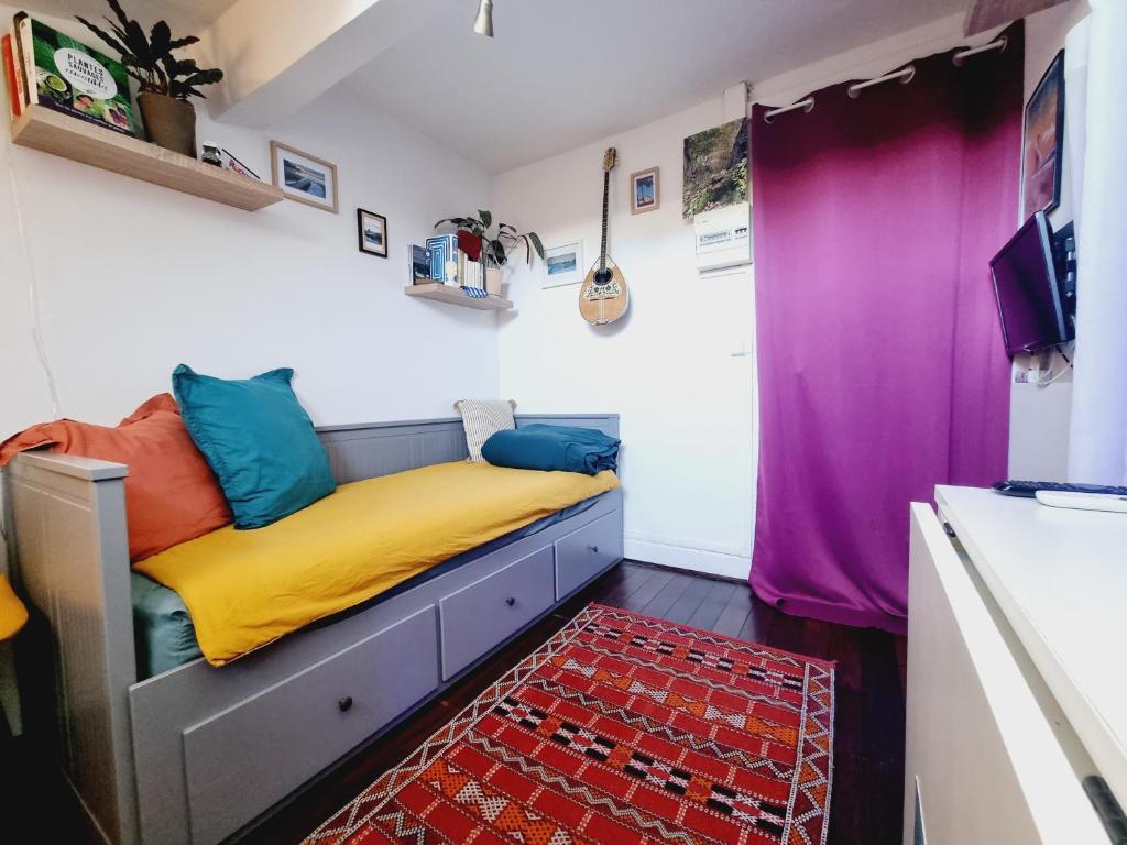 a room with a bed with colorful pillows on it at Studio côté Canal Hossegor in Hossegor