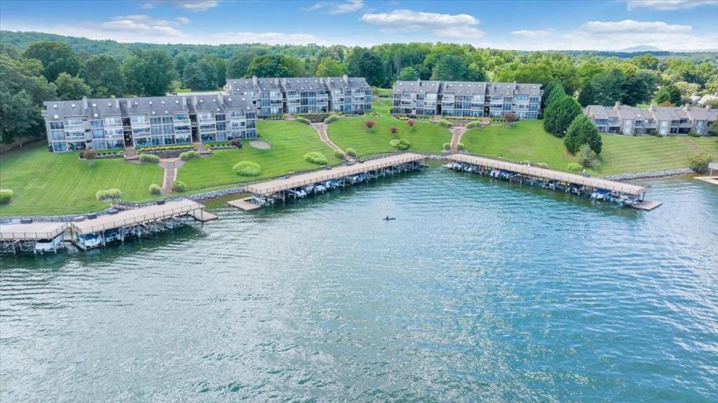 an aerial view of a resort on a body of water at Lake Vibes - Pet Friendly Lakefront Condo! in Moneta