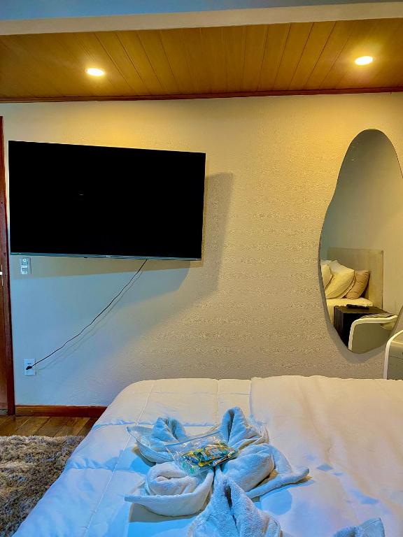 a bedroom with a bed with a flat screen tv on the wall at Chalé Shanti in Resende