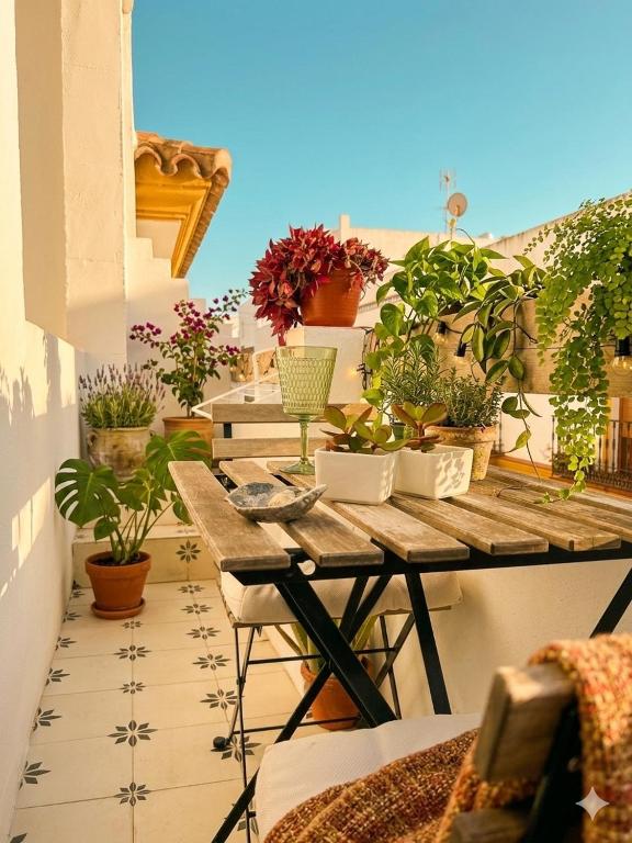 a balcony with a table and potted plants on it at Apartamento Gades Conil C in Conil de la Frontera