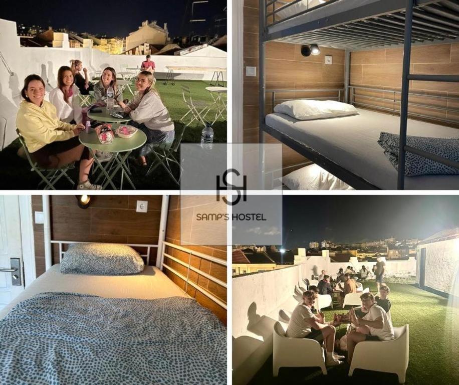 a collage of pictures of a bedroom with people sitting at a table at Samps Hostel in Lisbon