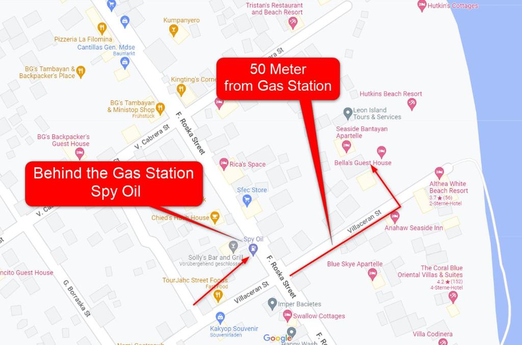 a map of the gas station in the city at Bellas Guest House in Pooc