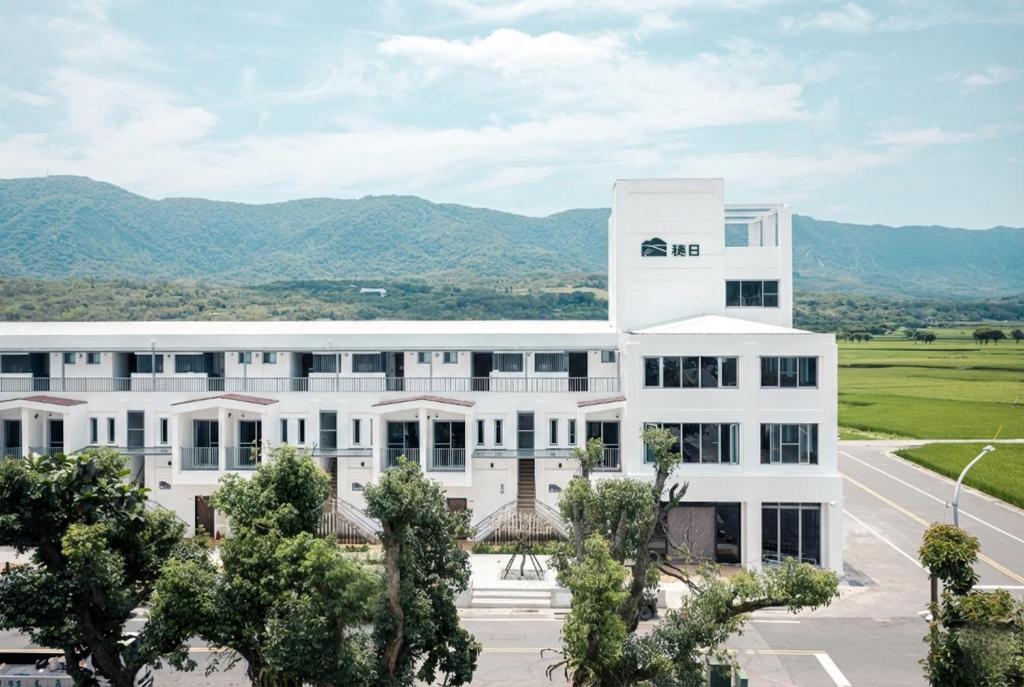 an office building with mountains in the background at 池上穗日民宿 in Chishang