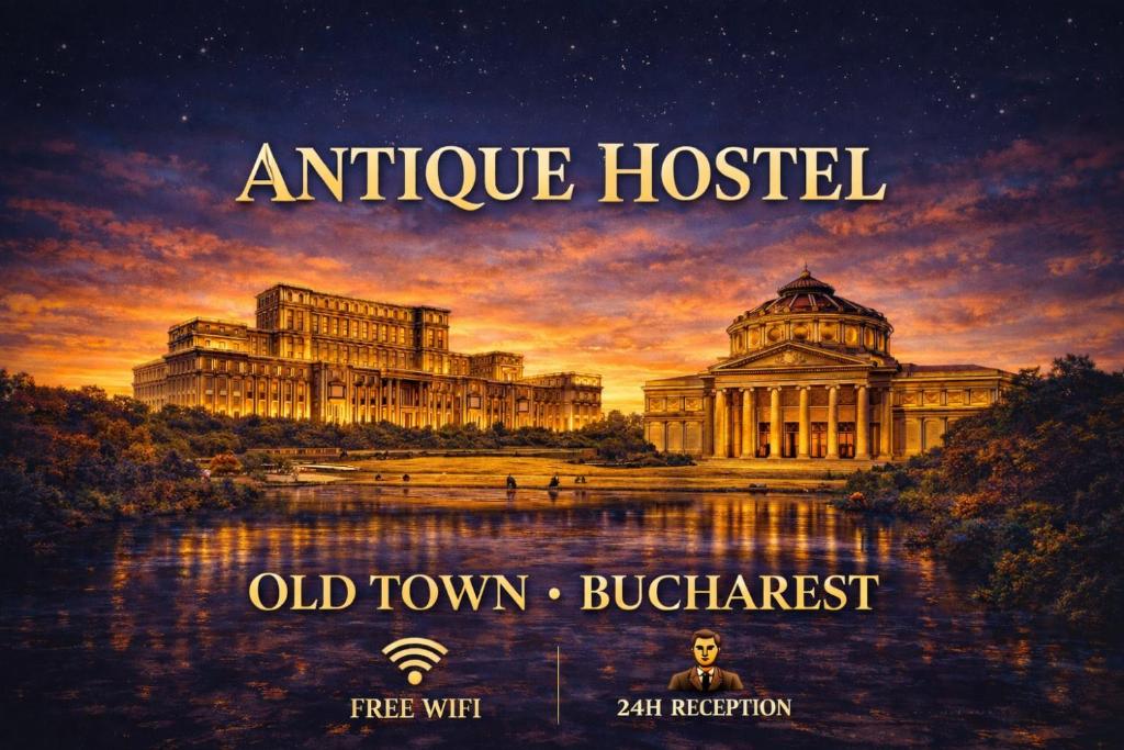 a poster of an old town buckhead with a building at Antique Hostel in Bucharest