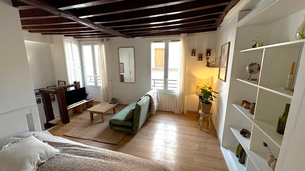 a bedroom with a bed and a tv in a room at Le Duplex du Pont in Auxerre