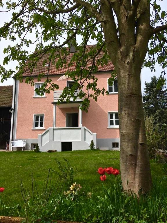 a large pink house with a tree in the yard at Landhaus am Schloss in Schnabelwaid