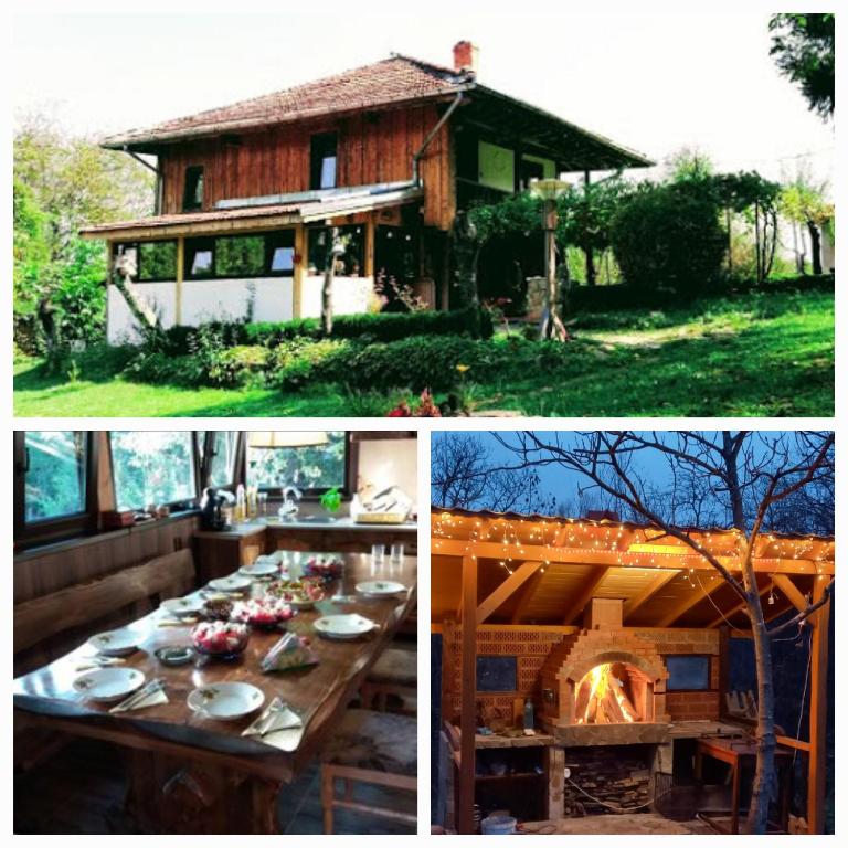 two pictures of a house with a table and a fireplace at Мома Елена in Makhalnitsi