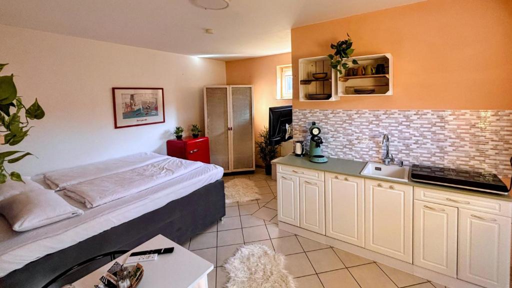 a room with a bed and a sink in it at Harmonie im Grünen-Erdgeschoss-Ferienwohnung mit eigenem Eingang und direktem Gartenzugang in Wathlingen