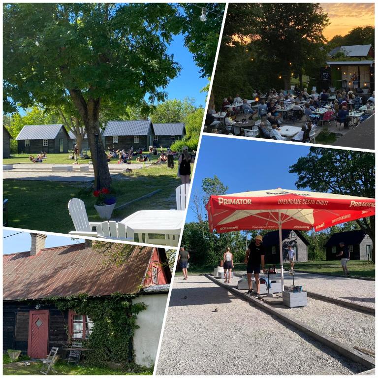 a collage of photos of a picnic area with a red umbrella at Kappelshamns Veranda och Fritidsboende in Kappelshamn