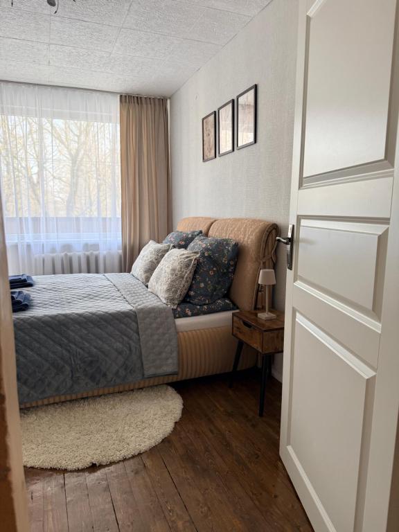 a bedroom with a bed and a window at Parko apartamentai Kretinga in Kretinga