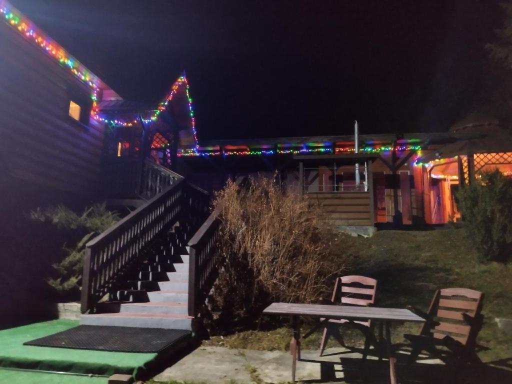 a house with christmas lights on the roof at Dom na wzgórzu in Kiczora