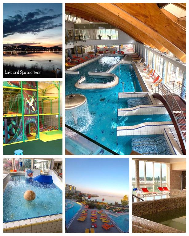 a collage of four pictures of a swimming pool at Lake and Spa Apartman in Velence