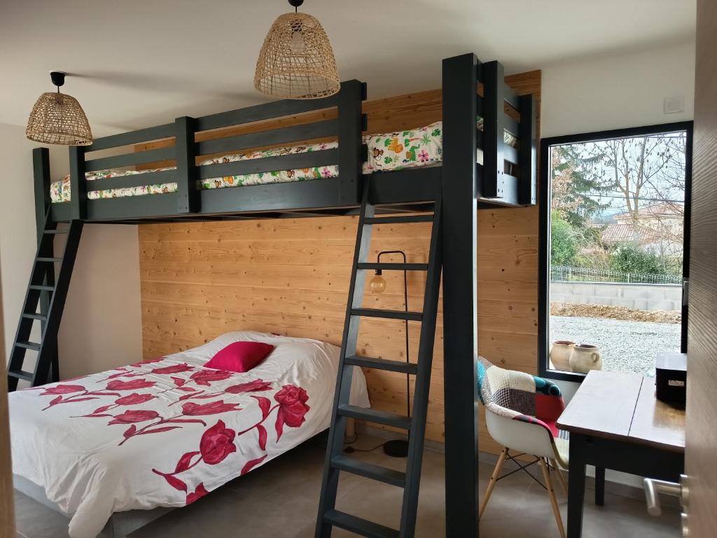 a bedroom with a bunk bed and a desk and a ladder at Chambre d'hôtes chez l' habitant Villa Bianca in Peaugres