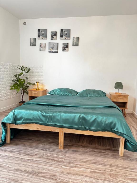 a bedroom with a bed with a green comforter at greenhouse home in Corbeil-Essonnes