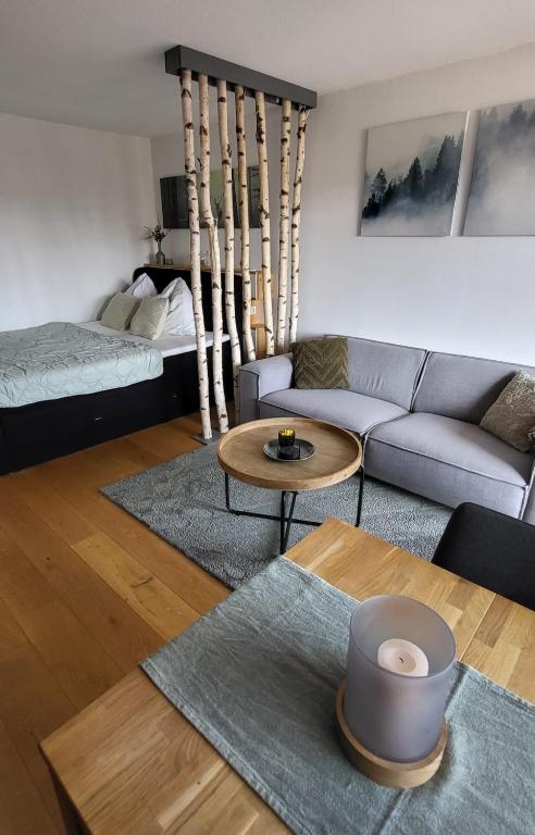 a living room with a couch and a table at FeWo Hänsel in Schönwald