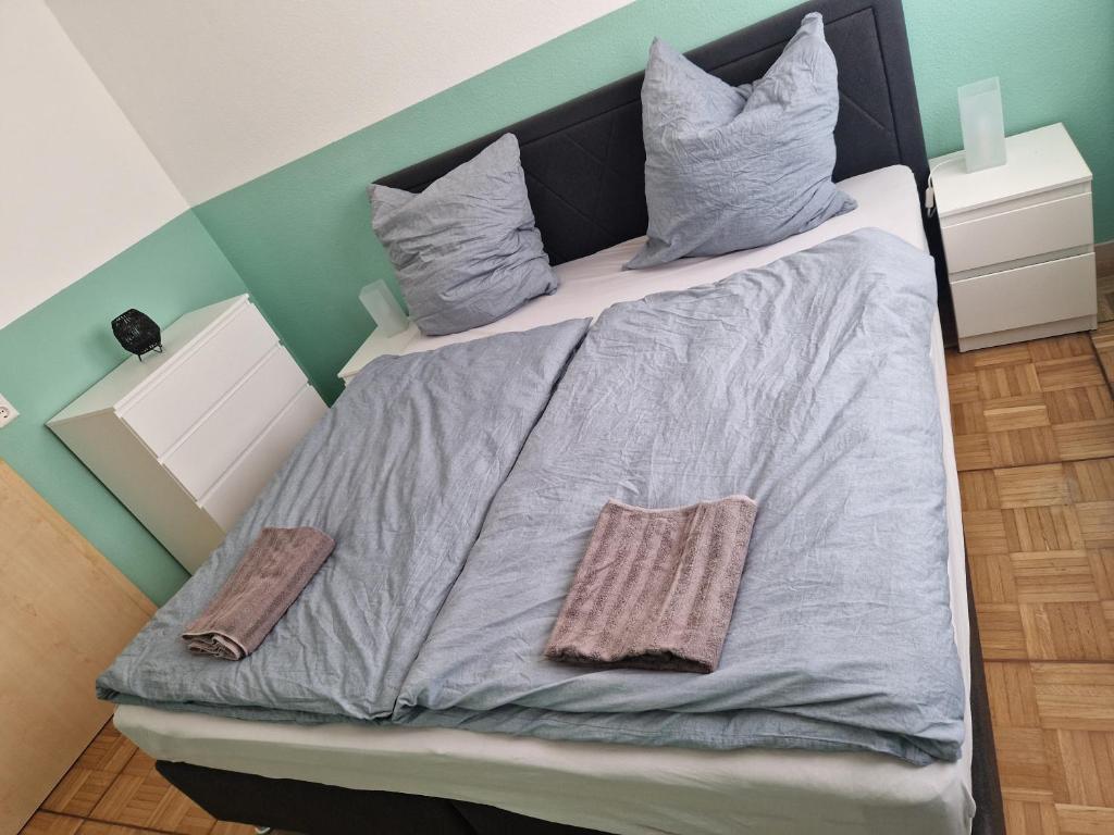 a bed with two pillows on it in a room at Wolfskraft in Hauenstein