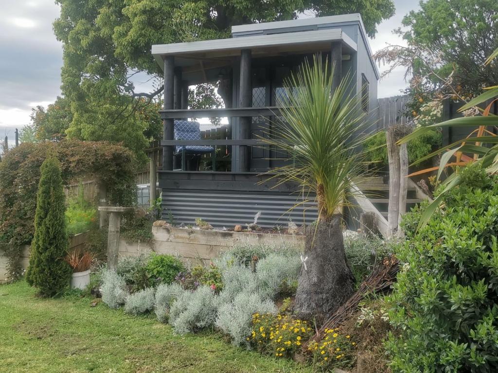 a house with a palm tree in a garden at garden cabin in Waikino