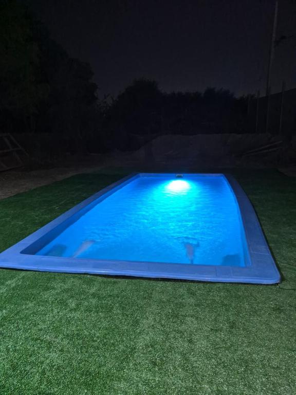 a blue swimming pool with a light in the grass at Cabañas del cerro sombrero in Arica
