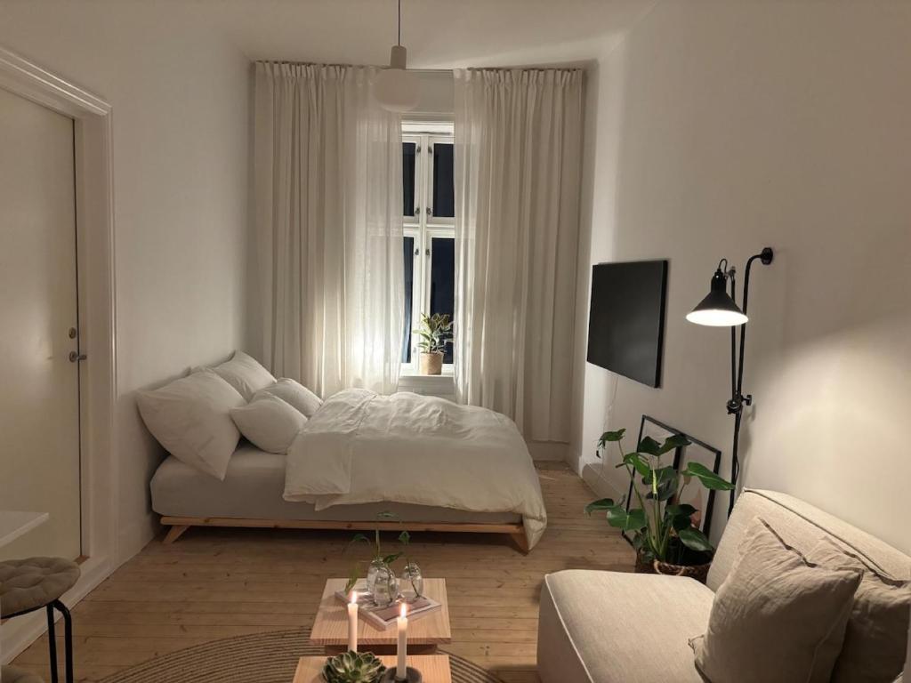 a living room with a bed and a window at Cozy Studio - 9 min Walk from Oslo Central Station in Oslo