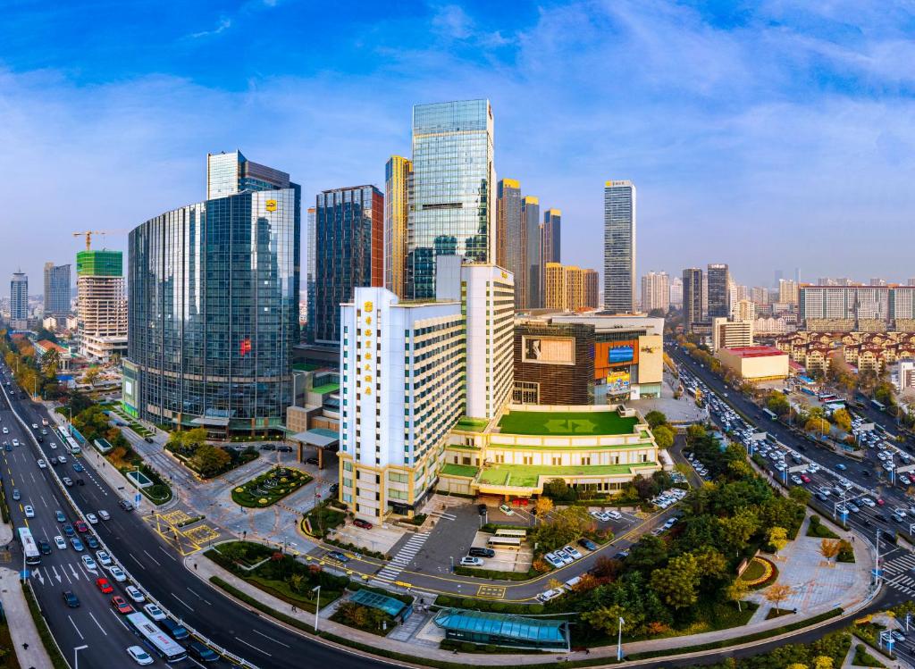 an overhead view of a city with a highway at Shangri-La Qingdao in Qingdao