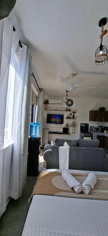 a living room with a bed and a couch at Homely studio Apartment 2 in Mombasa