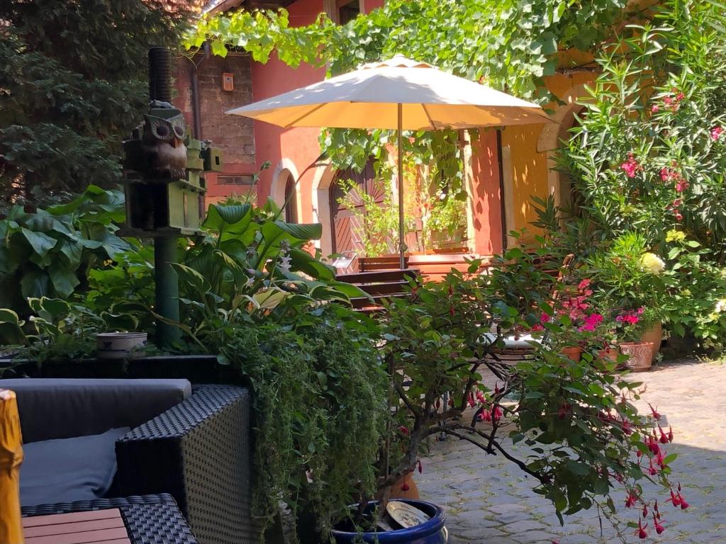 a patio with an umbrella and some plants at Gästehaus Susanne Pfaffmann in Landau in der Pfalz