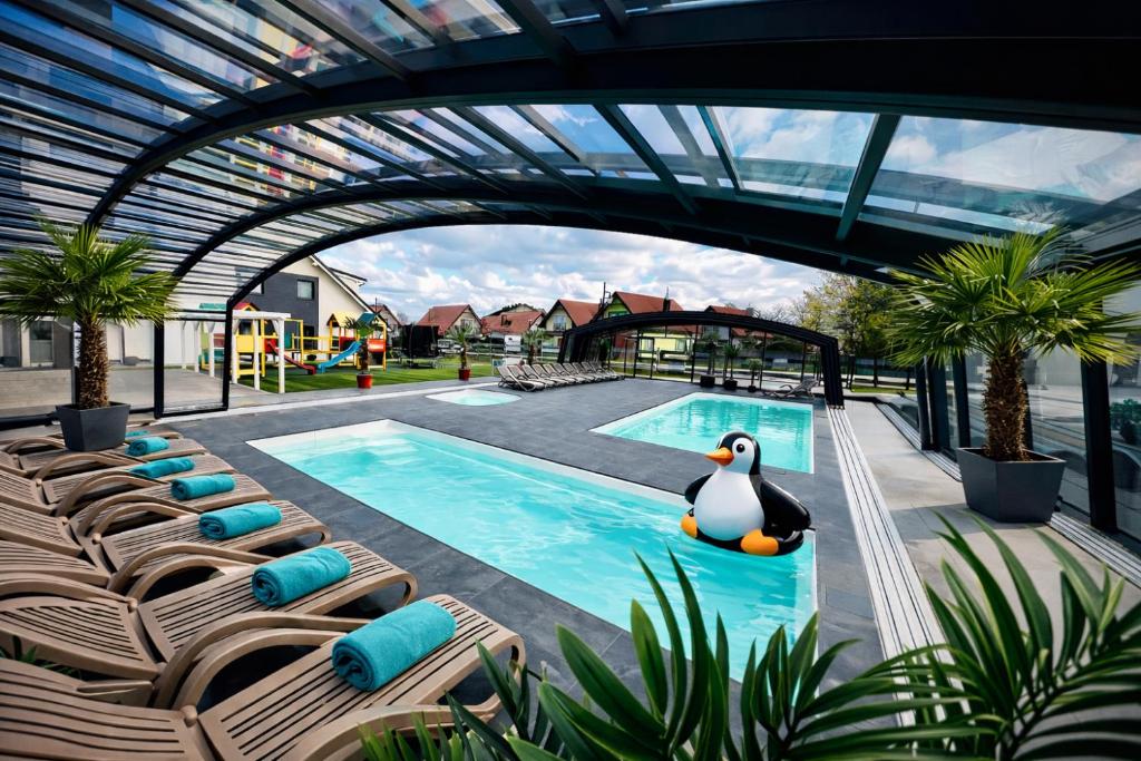 a pool with chairs and a penguin in the middle at Domki Kotwica PARK Władysławowo - 3 Podgrzewane Baseny pod Kopułą in Władysławowo