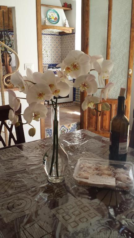 a vase filled with white flowers on a table at Fabrizia Apartment in Castellammare del Golfo