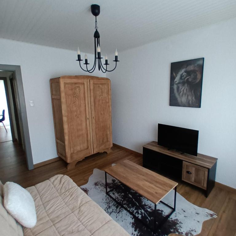 a living room with a couch and a table at charming apartment in Stiring-Wendel