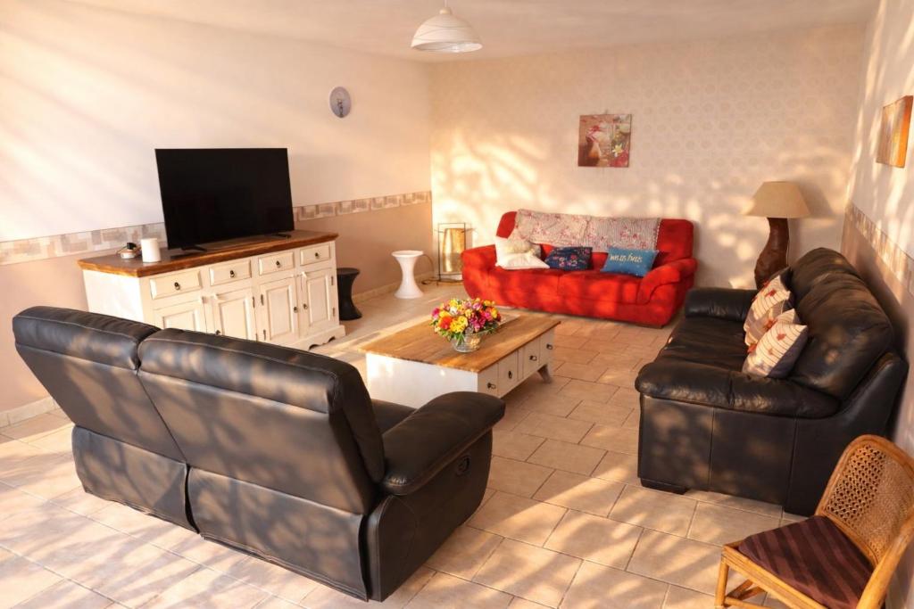 a living room with two leather chairs and a television at LES CHESNEAUX in Loches